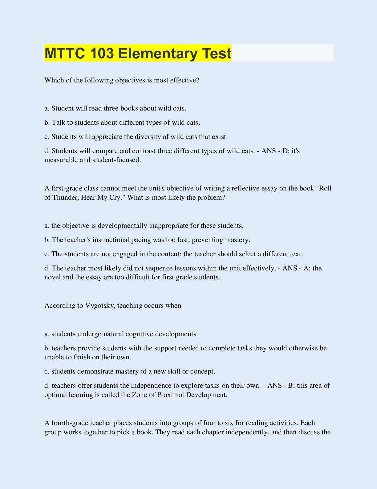 Preview of MTTC 103 Elementary Test | 230 Questions with 100% Correct Answers | Updated & Verified |